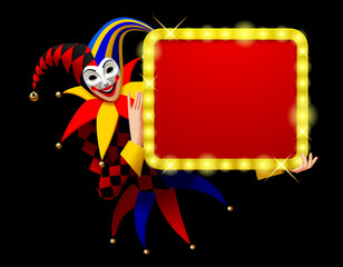 Joker in smiling mask and colorful suit holding a red signboard with yellow lights on a black background