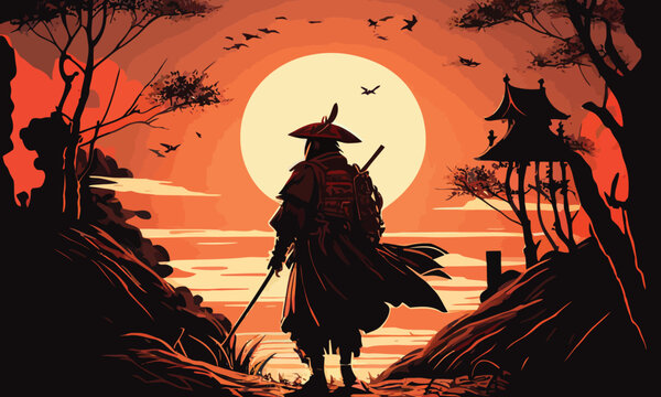 a samurai walking to the sun