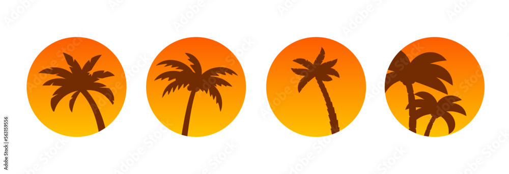 Wall mural Palm sunset circle golden summer vector design travel icon. Palm golden sunset summer isolated fashion beauty tropical template.