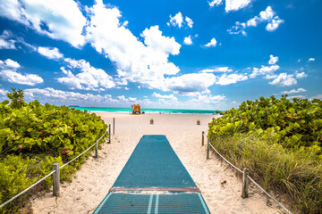 Miami Beach colorful sand beach and lifeguard post view