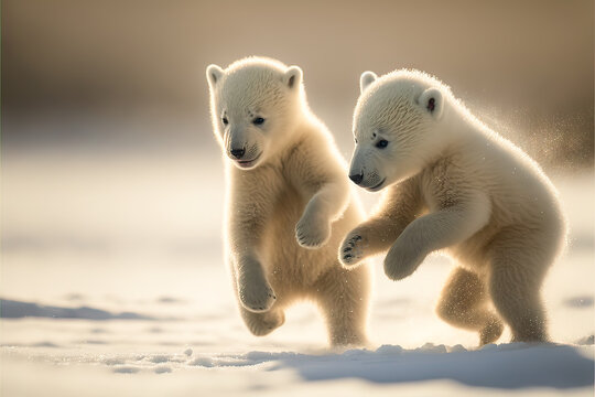 Very cute photo of 2 expressive baby polar bears cubs on the snow, both are running and playing on the snow covered ground.  This image was created by digital art.	