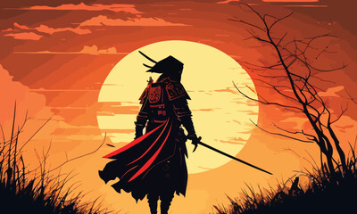 a samurai walking to the sun