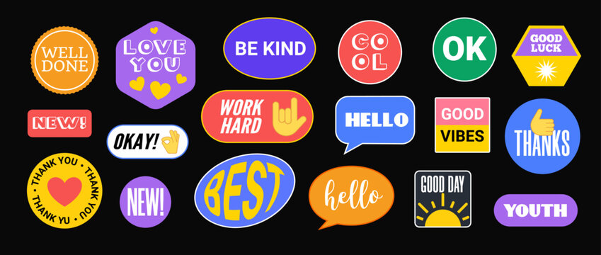 Sticker Vector Pack retro badge cool happy label icon. Sticker patch set design, trendy pop graphic hipster emoji mockup.