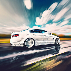 Fototapeta na wymiar White car speeding, clouds, sky, motion, fast
