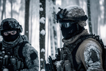 Naklejka premium Special forces soldier in forest - Generative AI, Generative, AI, not a real person