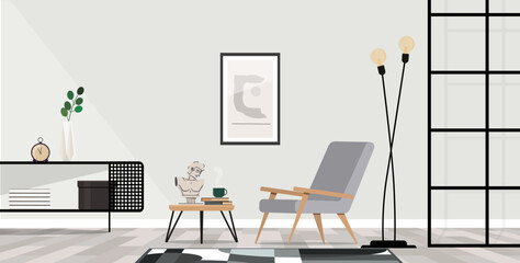 Stylish scandinavian composition of living room with grey armchair, in modern home decor. © marinadreams