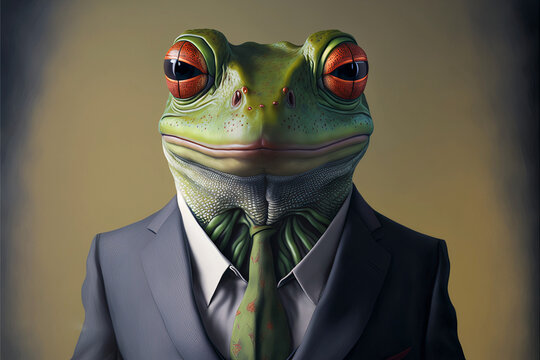 Assertive red-eyed frog in a business suit, generative AI
