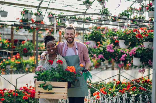 Multiracial florists working in a green house plant nursery