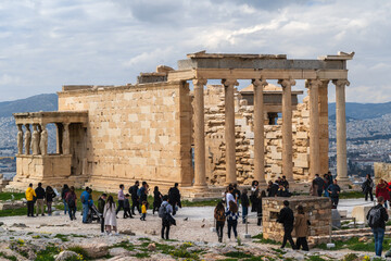  Erechtheion Temple (Erechtheum) with the Caryatids at the archaeological site of Acropolis. The...