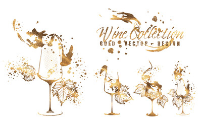 Wine Designs - Collection of wine glasses and bottles. Hand drawn elements for invitation cards, advertising banners, menus in gold style. Wine glasses with splashing wine. Sketch vector illustration
