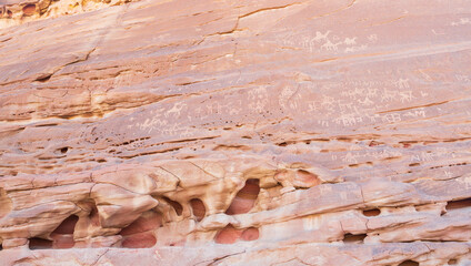 Petroglyphs and the texture of the walls in a canyon, Sinai desert, Sinai peninsula, Egypt
