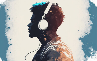 Man with headphones listening to music. AI generated image.