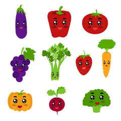 Fruits and vegetables like kawaii characters. Fruits and vegetables are eggplant, bell pepper, tomato, grape, celery, parsley, strawberry, carrot, pumpkin, radish, broccoli. White background. Isolated