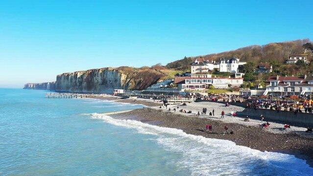 The city of Fecamp in the middle of the cliffs in Europe, France, Normandy, Seine Maritime, towards Fecamp and Dieppe, in winter, on a sunny day.