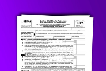 Form 8915-A documentation published IRS USA 44258. American tax document on colored