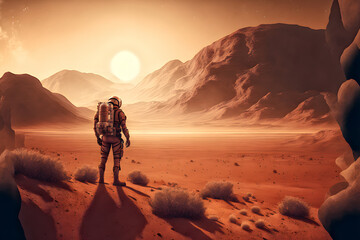 Astronaut sunset in the desert