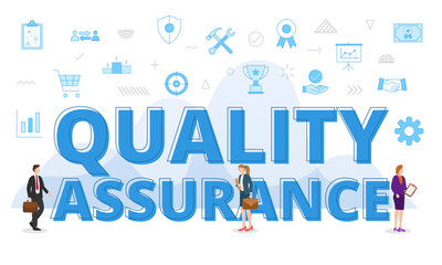 qa quality assurance concept with big words and people surrounded by related icon with blue color style
