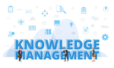 knowledge management concept with big words and people surrounded by related icon with blue color style