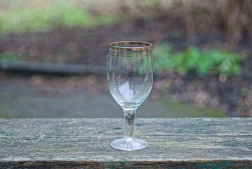 one brown white glass crystal goblet on a gray wooden table outdoors on a green background