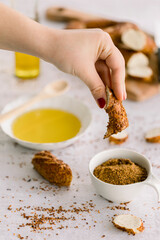 zahter (zahtar) spice in white bowl. shooting from the top and the opposite.