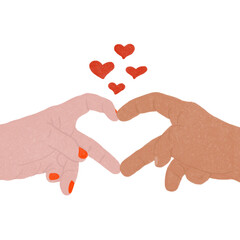 Illustration of couple forming a heart with their hands on transparent background. Red hearts.  Valentine's Day