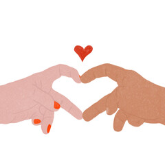 Illustration of couple forming a heart with their hands. Red hearts.