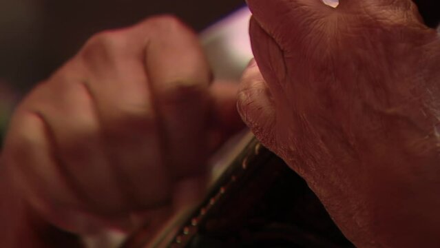 Man Playing a "Charango", Small Andean Stringed Instrument, Jujuy, Argentina. Close Up.