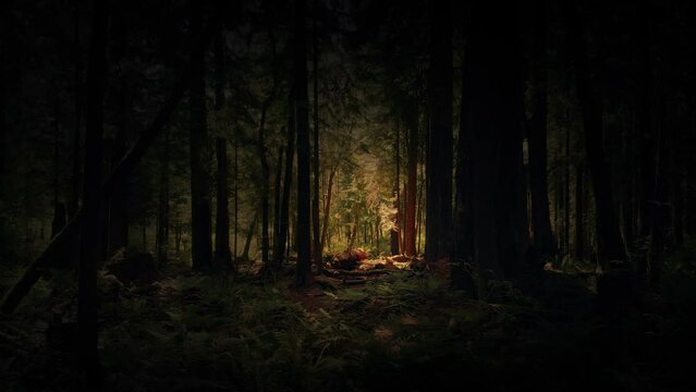Storybook Scene Moving Through Dark Forest
