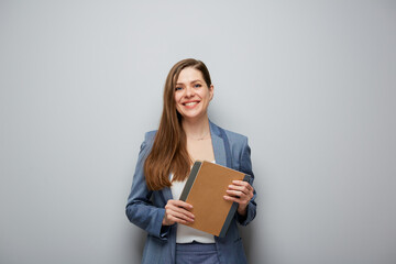 Woman holding business paper, teacher or smiling student girl portrait..