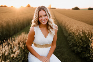 Fototapeta na wymiar Beautiful blond hair woman in white dress sits in wheat field