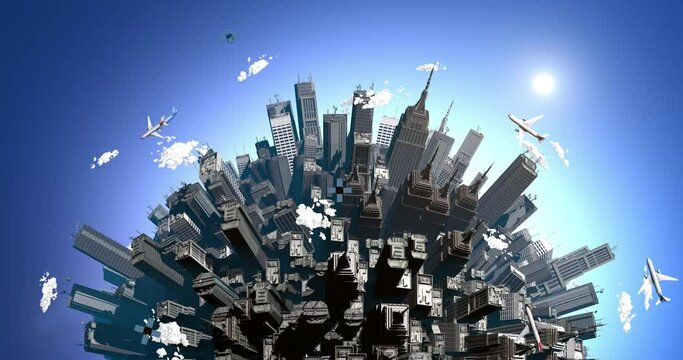 Aerial flight over overpopulated metropolitan city. Earth covered by cities 3d concept animation.