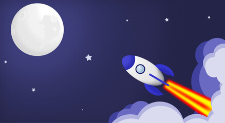 space rocket flies towards the moon, against the starry sky in the background