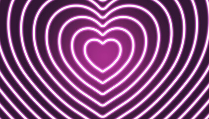 Colorful neon heart shape 3D Rendering  in Perspective Tunnel background