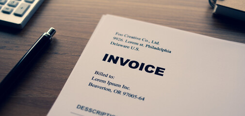 There is dummy documents that created for the photo shoot on the desk about INVOICE.