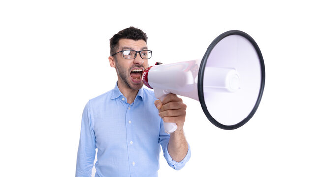 shouting man announcing with megaphone, selective focus. photo of man announcing