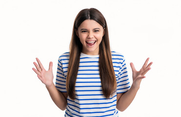 angry teen girl isolated on white background. portrait of angry teen girl in tshirt.