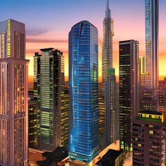 A city skyline at sunset with tall buildings and colorful lights, Generative AI
