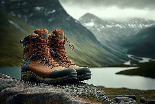 illustration of hiking boots in a mountainous landscape, generated by AI