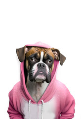 Boxer dog in a pink training hoody isolated on a white background.  Flashy fawn pet boxer dog was created with generative ai
