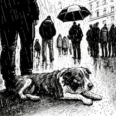 A poor abandoned dog on the street on a rainy day while people pass by indifferently, In a black and white painting, Generative AI