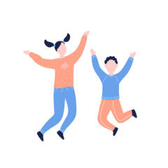 Fototapeta na wymiar Modern flat vector illustration with happy family. Children jump, delight, joy, victory. Sister and brother jumping. Concept of family, family values, support and connections in families