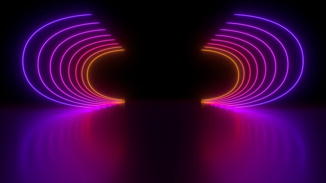 Sci Fy neon glowing wave lines in a dark hall. Reflections on the floor. Empty background in the center. 3d rendering image. Abstract glowing lines. Techology futuristic background.