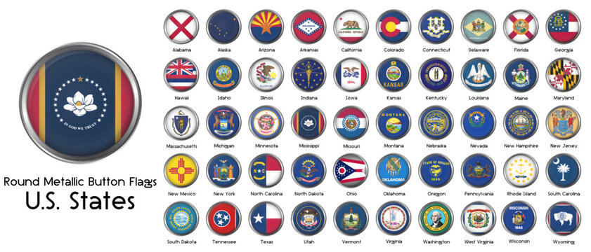 All US state flags with round metallic button. Vector illustration.