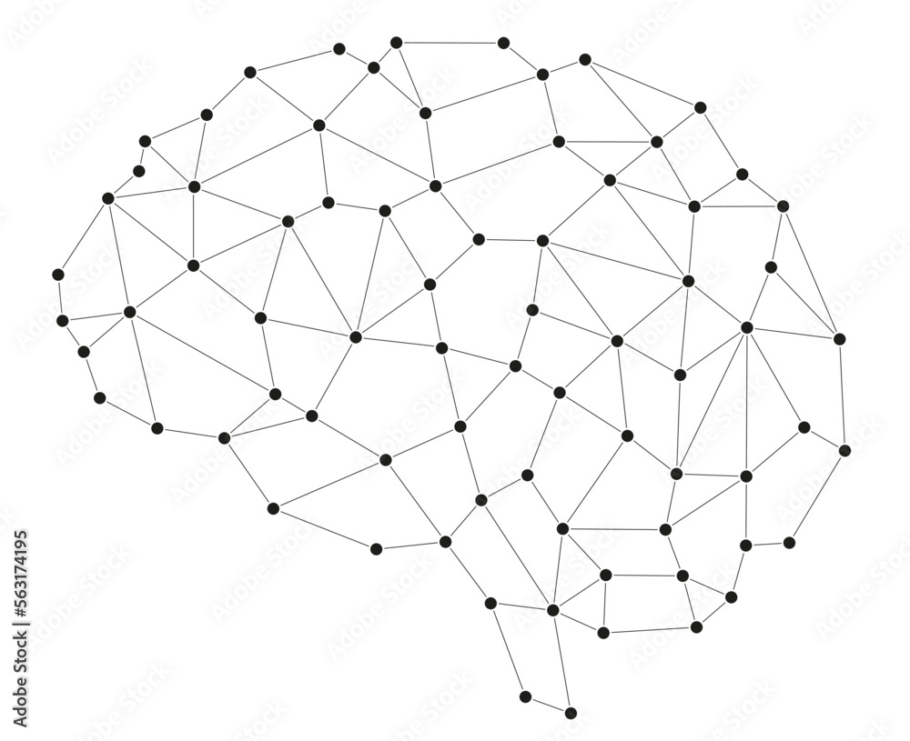 Aufkleber Brain shape network low poly structure connect lines and dots design template. Technology linked global system concept.