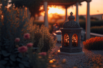 beautiful chinese decoration lamp made of segment in the park with many flowers and in the sunset "Generative Ai"