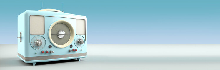 Banner for World Radio Day , February 13th. AI generated vintage radio in blue color. AI generative illustration.