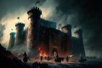 A fantasy fortress siege landscape, oil painting, rich colors, medieval, war. Generative AI - obrazy, fototapety, plakaty