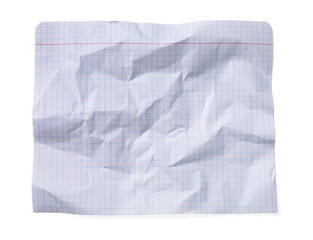 Crumpled sheet of paper on white background, top view