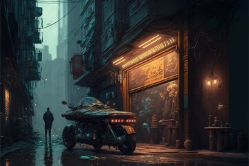 Fototapeta na wymiar A cyberpunk street landscape, oil painting, rich colors, city, town. Generative AI