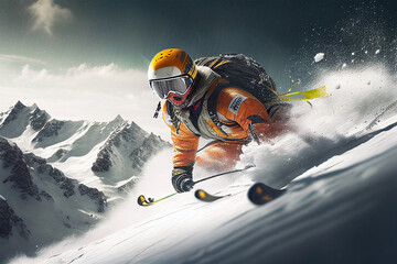 Skiing in action. Close-up. Sportsman in ski suit. Skiing high in the mountains. High speed. Generative AI